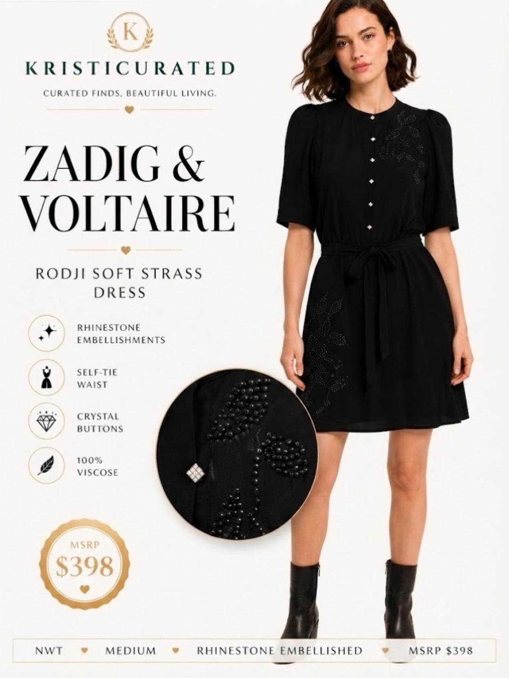 🖤 Zadig & Voltaire Dress | NWT | M | Rhinestone Embellished| MSRP $398
